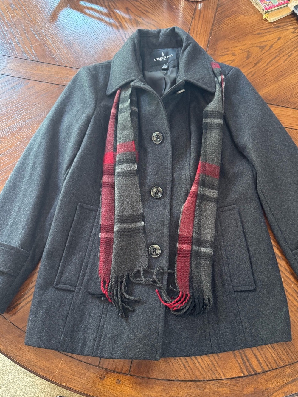 London Fog Black Charcoal Wool-Blend Peacoat with Red Plaid Scarf